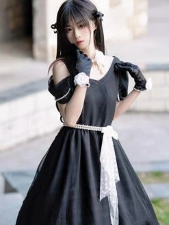Sweet Lolita Dress Polyester Short Sleeves Pearls Navy Style Lolita Dress -AYA Cosplay Shop 202308021828151951846