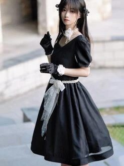 Sweet Lolita Dress Polyester Short Sleeves Pearls Navy Style Lolita Dress -AYA Cosplay Shop 20230802182815502667