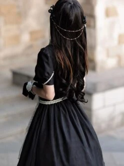 Sweet Lolita Dress Polyester Short Sleeves Pearls Navy Style Lolita Dress -AYA Cosplay Shop 20230802182816115279