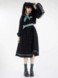 Sweet Lolita Dress Polyester Long Sleeves Navy Style Lolita Dress -AYA Cosplay Shop 202308021828178764261