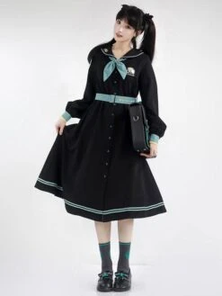 Sweet Lolita Dress Polyester Long Sleeves Navy Style Lolita Dress -AYA Cosplay Shop 202308021828181588644