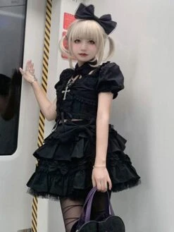 Classical Lolita Dress Polyester Short Sleeves Lolita Dresses Classic Black -AYA Cosplay Shop 202308021828216653354