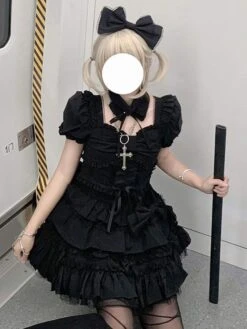 Classical Lolita Dress Polyester Short Sleeves Lolita Dresses Classic Black -AYA Cosplay Shop 202308021828219566273
