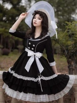 Sweet Lolita Dress Polyester 3/4 Length Sleeves Ruffles Sweet Dress Lolita Dress -AYA Cosplay Shop 202309251557081066233