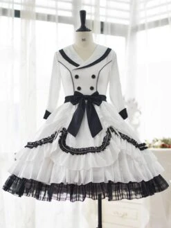 Sweet Lolita Dress Polyester 3/4 Length Sleeves Ruffles Sweet Dress Lolita Dress -AYA Cosplay Shop 202309251557090587324