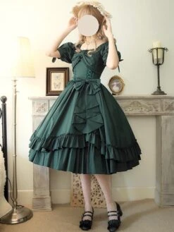 Classical Lolita Dress Polyester Short Sleeves Lolita Dresses Classic Dark Green -AYA Cosplay Shop 202401111806433895360