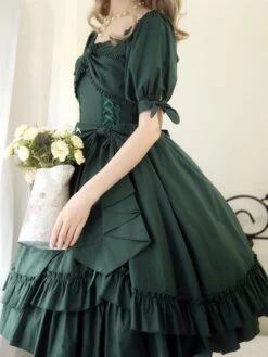 Classical Lolita Dress Polyester Short Sleeves Lolita Dresses Classic Dark Green -AYA Cosplay Shop 202401111806453551664