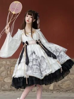 Chinese Style Lolita Dress Bows Long Sleeves Polyester Chinese Style Floral Print Light Sky Blue Chinese Style Lolita -AYA Cosplay Shop 202401121503247963207