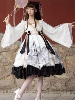 Chinese Style Lolita Dress Bows Long Sleeves Polyester Chinese Style Floral Print Light Sky Blue Chinese Style Lolita -AYA Cosplay Shop 202401121503302671995