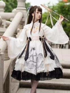 Chinese Style Lolita Dress Bows Long Sleeves Polyester Chinese Style Floral Print Light Sky Blue Chinese Style Lolita -AYA Cosplay Shop 202401121503311772737