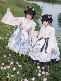 Chinese Style Lolita Dress Bows Long Sleeves Polyester Chinese Style Floral Print Light Sky Blue Chinese Style Lolita -AYA Cosplay Shop 2024011215033207610