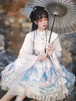 Chinese Style Lolita Dress Bows Long Sleeves Polyester Chinese Style Floral Print Light Sky Blue Chinese Style Lolita -AYA Cosplay Shop 202401121503338468021