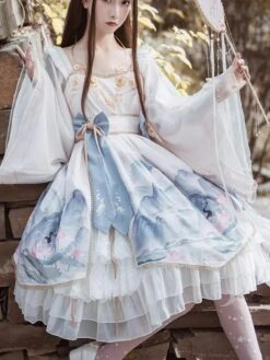 Chinese Style Lolita Dress Bows Long Sleeves Polyester Chinese Style Floral Print Light Sky Blue Chinese Style Lolita -AYA Cosplay Shop 20240112150334604517