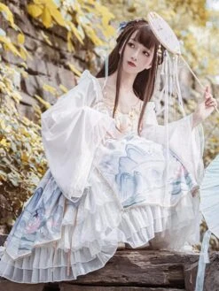 Chinese Style Lolita Dress Bows Long Sleeves Polyester Chinese Style Floral Print Light Sky Blue Chinese Style Lolita -AYA Cosplay Shop 202401121503353196873