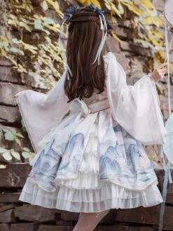 Chinese Style Lolita Dress Bows Long Sleeves Polyester Chinese Style Floral Print Light Sky Blue Chinese Style Lolita -AYA Cosplay Shop 202401121503363666891