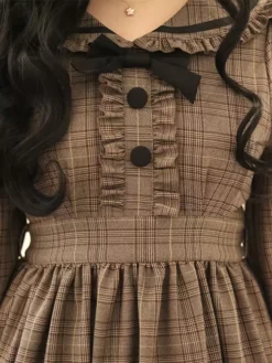 Classical Lolita Dress Polyester Ruffles Long Sleeves Lolita Dresses Plaid Academic Deep Brown -AYA Cosplay Shop 202401151700448604057