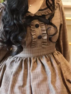 Classical Lolita Dress Polyester Ruffles Long Sleeves Lolita Dresses Plaid Academic Deep Brown -AYA Cosplay Shop 202401151700465788257