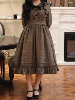 Classical Lolita Dress Polyester Ruffles Long Sleeves Lolita Dresses Plaid Academic Deep Brown -AYA Cosplay Shop 202401151700472173279