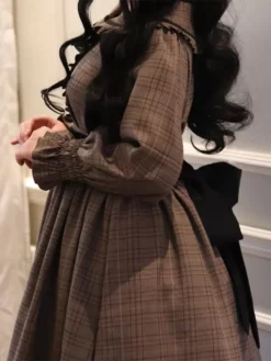Classical Lolita Dress Polyester Ruffles Long Sleeves Lolita Dresses Plaid Academic Deep Brown -AYA Cosplay Shop 202401151700478585917
