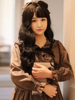 Classical Lolita Dress Polyester Ruffles Long Sleeves Lolita Dresses Plaid Academic Deep Brown -AYA Cosplay Shop 202401151700484468177