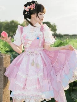Chinese Style Lolita Dress Ruffles Sleeveless Polyester Chinese Style Lace Pink Chinese Style Lolita -AYA Cosplay Shop 202401151701385224525