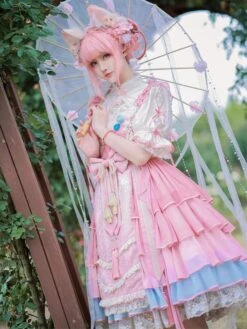 Chinese Style Lolita Dress Ruffles Sleeveless Polyester Chinese Style Lace Pink Chinese Style Lolita -AYA Cosplay Shop 202401151701396371875