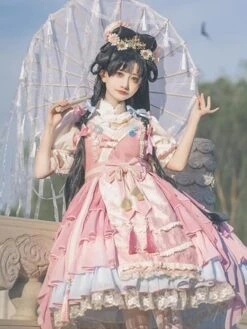 Chinese Style Lolita Dress Ruffles Sleeveless Polyester Chinese Style Lace Pink Chinese Style Lolita -AYA Cosplay Shop 202401151701415526350