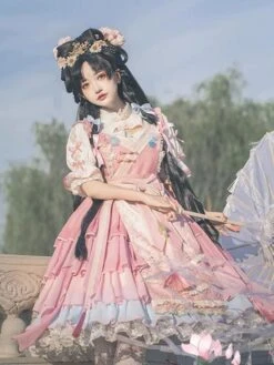 Chinese Style Lolita Dress Ruffles Sleeveless Polyester Chinese Style Lace Pink Chinese Style Lolita -AYA Cosplay Shop 202401151701425003615