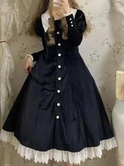 Classical Lolita Dress Velour Short Sleeves Color Block Lolita Dresses Classic Deep Blue -AYA Cosplay Shop 202401161613013718074