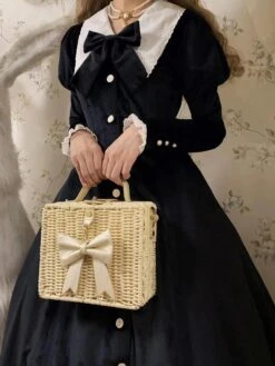 Classical Lolita Dress Velour Short Sleeves Color Block Lolita Dresses Classic Deep Blue -AYA Cosplay Shop 202401161613019227413