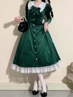 Classical Lolita Dress Velour Short Sleeves Color Block Lolita Dresses Classic Deep Blue -AYA Cosplay Shop 202401161613036233325