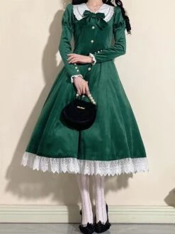 Classical Lolita Dress Velour Short Sleeves Color Block Lolita Dresses Classic Deep Blue -AYA Cosplay Shop 202401161613043533667