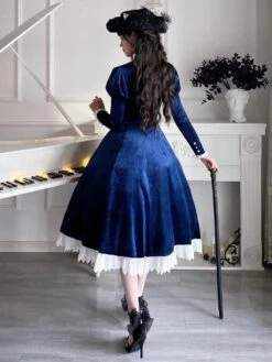 Classical Lolita Dress Velour Short Sleeves Color Block Lolita Dresses Classic Deep Blue -AYA Cosplay Shop 202401161613064918822