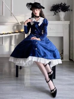 Classical Lolita Dress Velour Short Sleeves Color Block Lolita Dresses Classic Deep Blue -AYA Cosplay Shop 202401161613078448620