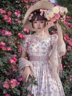 Sweet Lolita Cottagecore Dress Polyester Short Sleeves Bows Dress Sweet Lolita Dress -AYA Cosplay Shop 202401161613484091890