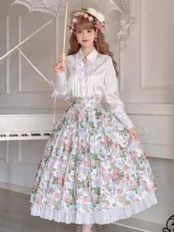Cottagecore Dress Pastoral Style Lolita Skirt Floral Print White Ruffles Lolita Skirts
