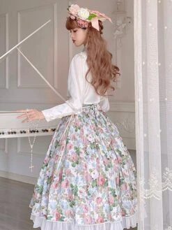 Cottagecore Dress Pastoral Style Lolita Skirt Floral Print White Ruffles Lolita Skirts -AYA Cosplay Shop 202401161613584582730