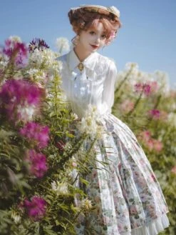 Cottagecore Dress Pastoral Style Lolita Skirt Floral Print White Ruffles Lolita Skirts -AYA Cosplay Shop 202401161613594484928