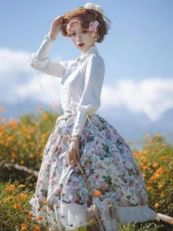 Cottagecore Dress Pastoral Style Lolita Skirt Floral Print White Ruffles Lolita Skirts -AYA Cosplay Shop 202401161614005867548