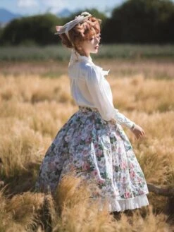 Cottagecore Dress Pastoral Style Lolita Skirt Floral Print White Ruffles Lolita Skirts -AYA Cosplay Shop 202401161614020305136