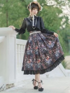 Cottagecore Dress Pastoral Style Lolita Skirt Floral Print White Ruffles Lolita Skirts -AYA Cosplay Shop 202401161614044596308