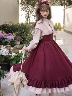 Classical Lolita Dress Polyester Long Sleeves Lolita Dresses Classic Burgundy