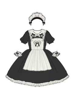 Lolitashow Exclusive Gothic Lolita Dresses Bows Ruffles Short Sleeves Cotton Black Tea Party Dress -AYA Cosplay Shop 202403201816261887678