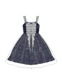 Lolitashow Exclusive Gothic JSK Lolita Dresses Bows Ruffles Floral Print Black Jumperskirt Summer Daily Casual Dress -AYA Cosplay Shop 202403201817022545541