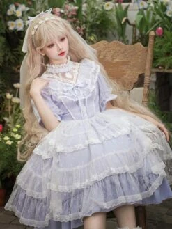 Classical Lolita Dress Polyester Short Sleeves Lavender Lolita Dresses -AYA Cosplay Shop 202403311733084474281
