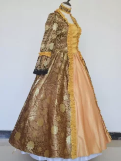 Coffee Brown Retro Costumes Girl's Tattoo Print Lace Up Satin Fabric Marie Antoinette Costume Set Choker Dress Gothic 18th Century Costume -AYA Cosplay Shop 202404071812548847792