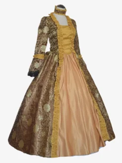 Coffee Brown Retro Costumes Girl's Tattoo Print Lace Up Satin Fabric Marie Antoinette Costume Set Choker Dress Gothic 18th Century Costume -AYA Cosplay Shop 202404071812578436061