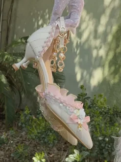 Lolita Wedding Dress Lolita Footwear Light Green Ruffles Flowers Bows Textile Stiletto Heel Lolita Shoes -AYA Cosplay Shop 202404212118573034038