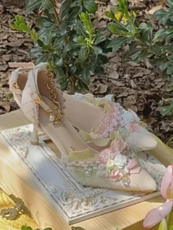 Lolita Wedding Dress Lolita Footwear Light Green Ruffles Flowers Bows Textile Stiletto Heel Lolita Shoes -AYA Cosplay Shop 202404212118588859852