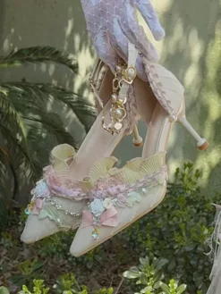 Lolita Wedding Dress Lolita Footwear Light Green Ruffles Flowers Bows Textile Stiletto Heel Lolita Shoes -AYA Cosplay Shop 202404212118594242116